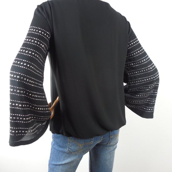 ALFANI Top M/10 Party Blouse Black with Silver Studs Bubble Hem 3/4 Flared Slvs - Picture 9 of 12